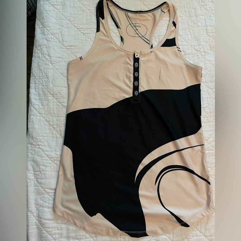 Oiselle Lux Black and Pale Pink Henley Racerback tank